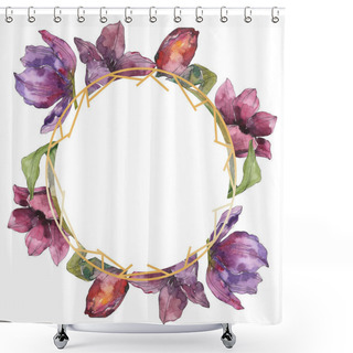 Personality  Purple Tulip Floral Botanical Flowers. Wild Spring Leaf Wildflower Isolated. Watercolor Background Illustration Set. Watercolour Drawing Fashion Aquarelle Isolated. Frame Border Ornament Square. Shower Curtains