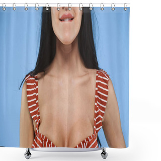 Personality  Cropped View Of Seductive Woman In Swimsuit Biting Lip On Blue Shower Curtains
