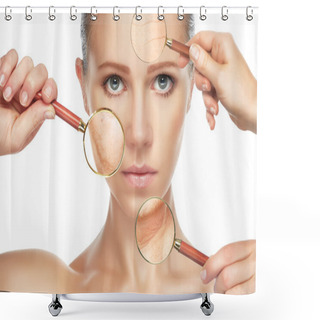 Personality  Beauty Concept Skin Aging. Anti-aging Procedures, Rejuvenation, Lifting, Tightening Of Facial Skin Shower Curtains