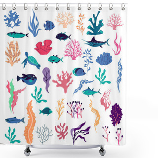 Personality  Sea Plants And Aquatic Marine Algae With Fish Floating Vector Set. Seaweeds And Underwater Fauna Growing At The Ocean Bottom Shower Curtains