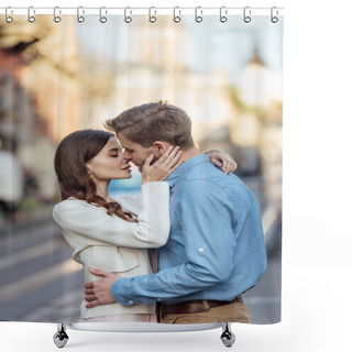 Personality  Attractive Young Woman With Closed Eyes Kissing Handsome Boyfriend On Street Shower Curtains