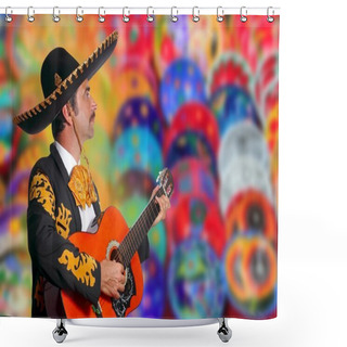 Personality  Charro Mariachi Playing Guitar Over Colorful Blur Shower Curtains