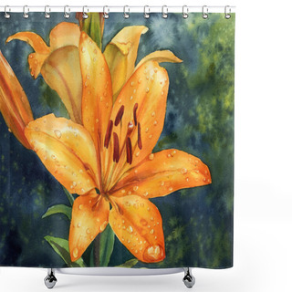 Personality  Large Orange Lily With Dew Drops. Watercolor Botanical Illustration, Postcard Shower Curtains