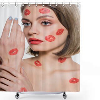 Personality  Red Kiss Print On Hand Of Young Woman Isolated On White Shower Curtains