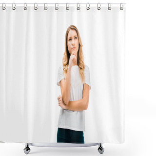 Personality  Beautiful Thoughtful Girl Standing With Hand On Chin And Looking Up Isolated On White Shower Curtains