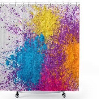 Personality  Top View Of Explotion Of Yellow, Purple, Orange And Blue Holi Powder On White Background Shower Curtains