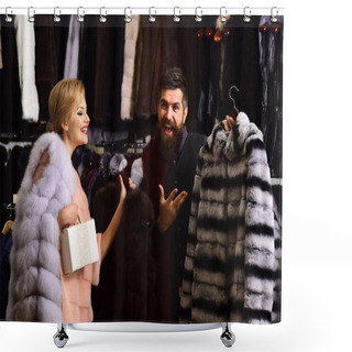 Personality  Shop Assistant With Beard Shows Fur Coat To Lady. Shower Curtains