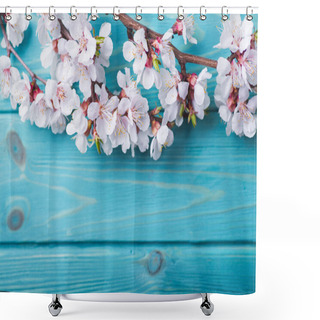 Personality  Spring Blossom Flowers Apricot On Blue Wooden Background Shower Curtains