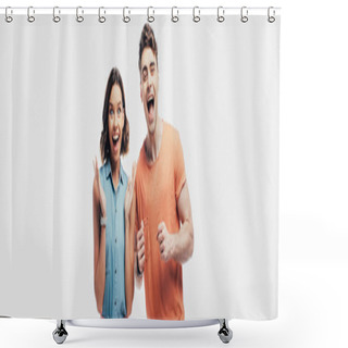 Personality  Excited Man And Woman Looking At Camera And Showing Yes Gestures Isolated On Grey Shower Curtains