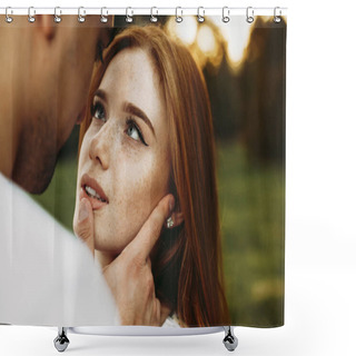 Personality  Portrait Of A Red Haired Woman With Freckles And Green Eyes Looking At Her Boyfriend While He Is Touching Her Lips With A Finger Against Sunset While Dating Shower Curtains
