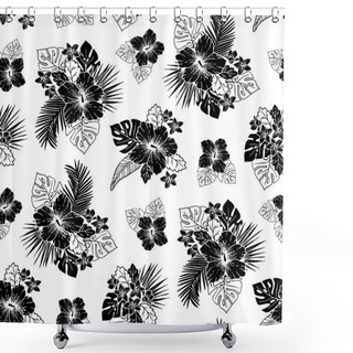 Personality  Black And White Tropical Exotic Foliage And Hibiscus Floral Vector Seamless Pattern. Line Drawing Background. Shower Curtains