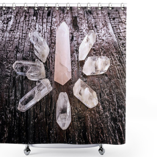 Personality  Quartz Stone, Ore With Mystical Healing And Balance Properties. Rare Stone On Wood Background, Zen Thinking And Life Concept. Shower Curtains