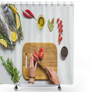 Personality  Cropped Image Of Woman Cutting Tomato By Knife On Wooden Board Near Raw Fish On Table Shower Curtains