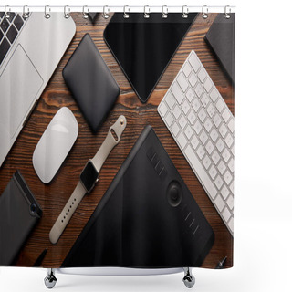 Personality  Flat Lay With Different Devices On Wooden Workplace Shower Curtains