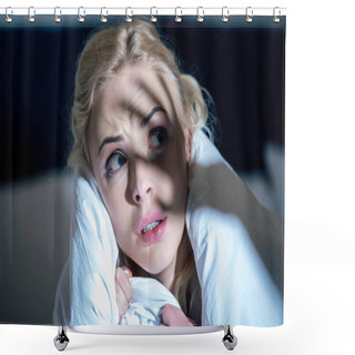 Personality  Selective Focus Of Frightened Woman Covered In White Blanket Looking Away Shower Curtains