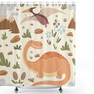 Personality  Vector Seamless Pattern With Funny Dinosaurs In Cartoon Style. Shower Curtains