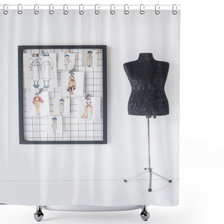 Personality  Frame With Fashion Sketches Hanged On White Checkered Background And Black Mannequin Shower Curtains