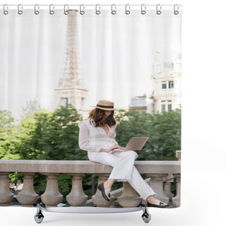 Personality  Stylish Woman In Sun Hat Using Laptop On Urban Street With Eiffel Tower At Background In Paris  Shower Curtains