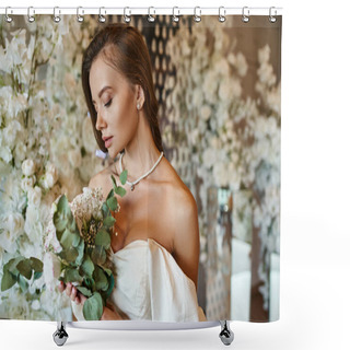 Personality  Elegant Woman In White Wedding Dress Posing With Bridal Bouquet Near Decoration With White Flowers Shower Curtains