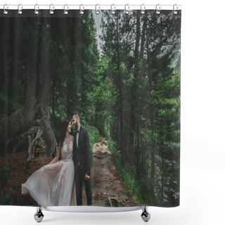 Personality  Newlyweds Walking In Picturesque Green Forest  Shower Curtains