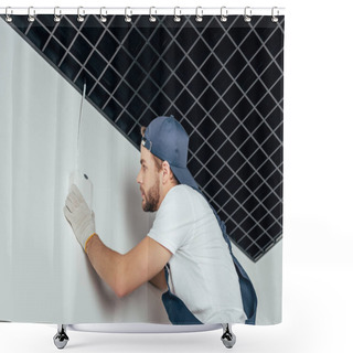 Personality  Low Angle View Of Young Electrician Fixing Home Alarm On Wall Shower Curtains