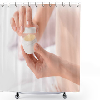 Personality  Woman With Jar Of Cream At Home, Closeup Shower Curtains
