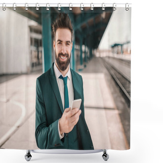 Personality  Smiling Cheerful Caucasian Bearded Caucasian Businessman Using Smart Phone And Waiting For Train While Looking At Camera. Follow Your Dreams, They Know The Way. Shower Curtains