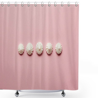 Personality  Flat Lay With Sweet White Meringues In Horizontal Row On Pink Background Shower Curtains