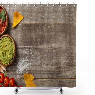 Personality  Top View Of Mexican Nachos Served With Guacamole And Salsa On Weathered Wooden Table Shower Curtains