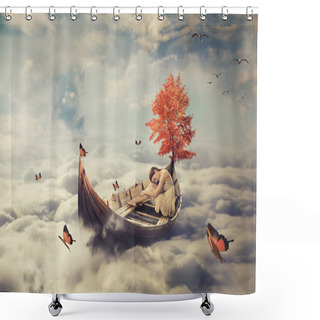 Personality  Young Lonely Beautiful Woman Drifting On A Boat Above Clouds. Dreamy Screensaver Shower Curtains