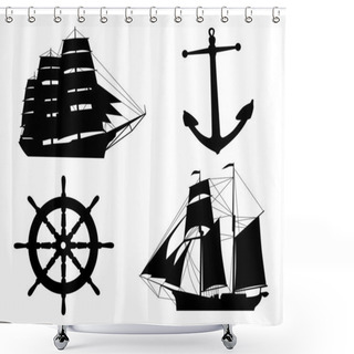 Personality  Silhouettes Of Sailboats, Anchors And Steering Wheel Shower Curtains