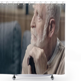 Personality  Upset Senior Man With Dementia Holding Walking Cane And Looking Away Shower Curtains
