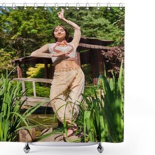 Personality  Summer Relax, Elegant Indian Woman In Traditional Clothes Dancing With Closed Eyes In Green Park Shower Curtains