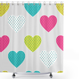 Personality  Seamless Pattern With Colorful Hearts Silhouettes On Yellow Background. Hearts In Polka Dots Shower Curtains
