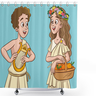 Personality  Greek Woman And Man With Harp And Basket Of Fruits. Vector Illustration Shower Curtains