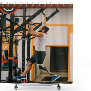 Personality  Handsome Young Sportsman With Artificial Leg Working Out With Gymnastics Ladder At Gym Shower Curtains