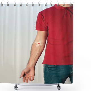 Personality  Partial View Of Patient In Red T-shirt With Plasters, Blood Donation Concept Shower Curtains