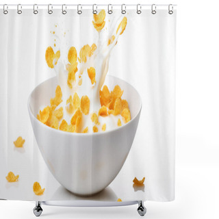 Personality  Corn Flakes With Milk Splash In White Bowl Isolated On White Background. Shower Curtains