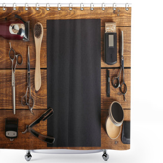 Personality  Top View Of Professional Barber Tools And Blank Black Card On Wooden Table   Shower Curtains