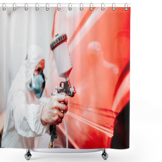Personality  Industry Details - Mechanic Engineer Using Spray Gun And Painting A Red Car Shower Curtains