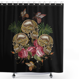 Personality  Gothic Romantic Embroidery Human Skulls And Red Roses. Fashion Template For Clothes, Textiles, T-shirt Design. Embroidery Skulls, Roses Flowers And Butterfly Shower Curtains