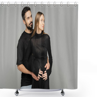 Personality  Smiling And Bearded Man In Black T-shirt Hugging Stylish Pregnant Wife In Dress And Looking Away Together Isolated On Grey, New Beginnings And Anticipation Concept   Shower Curtains