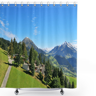 Personality  Road Among Alpine Meadows And Mountain Chalet Shower Curtains