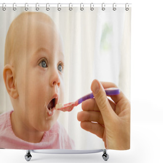 Personality  Mother Feeding Baby Food To Baby Shower Curtains