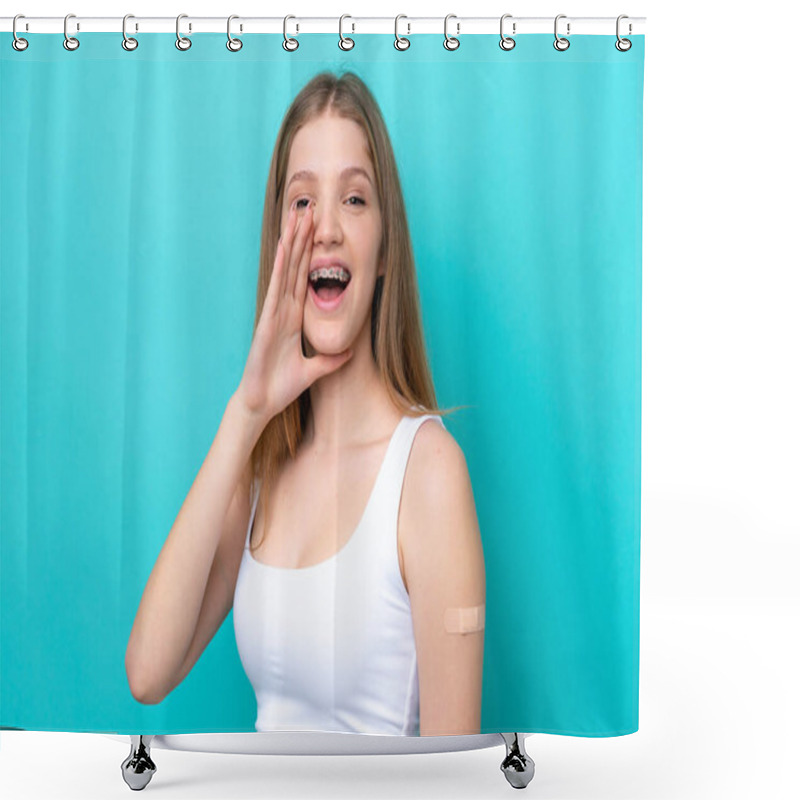 Personality  Teenager Russian Girl Wearing A Band Aids Isolated On Blue Background Shouting With Mouth Wide Open Shower Curtains