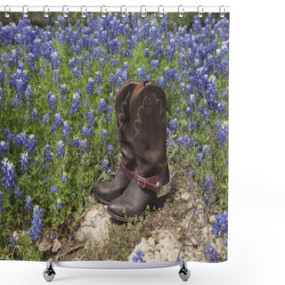 Personality  Cowboy Boots With Spurs In A Field Of Texas Bluebonnets Shower Curtains