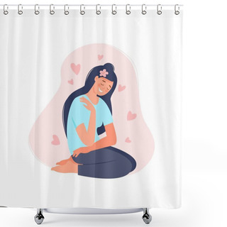 Personality  Love Yourself Vector Flat Illustration Isolated On White Background. Smiling Woman Hug Herself With Hearts. Body Care Design Concept For Banner, Flyer, Card Shower Curtains