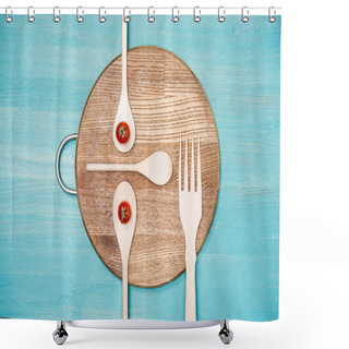Personality  Top View Of Wooden Cooking Utensils With Tomatoes In Form Of Face On Kitchen Board Shower Curtains