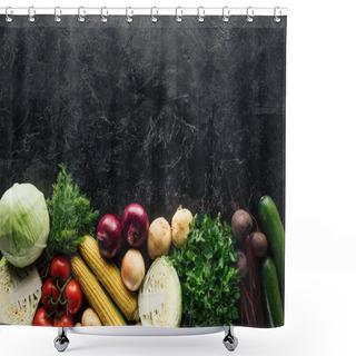 Personality  Flat Lay With Food Composition Of Autumn Harvest On Black Marble Surface Shower Curtains