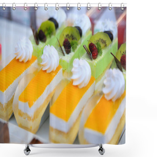 Personality  Close-up Sweet Cake Set On Wooden Table. Shower Curtains